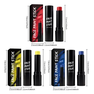 Dimensioni e dettagli per stick di trucco per il viso rosso, giallo e blu con box