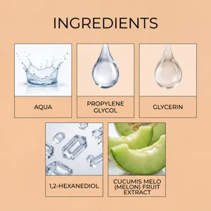 Gedetailleerde weergave van de ingrediënten van de bodyspray met verfrissend meloenextract