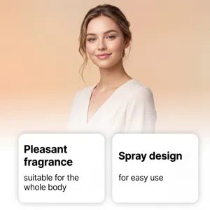 Model toont een aangename body fragrance spray met langdurige geur en eenvoudig sprayontwerp.