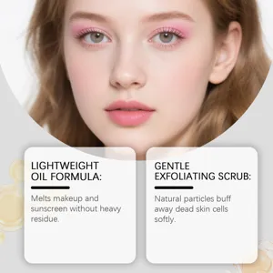 Vue détaillée de l'huile démaquillante exfoliante avec un mannequin à la peau douce.