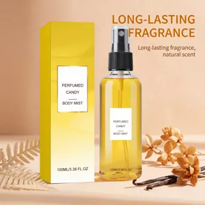 Detail van de gele Perfumed Candy body mist sprayfles met een elegante verpakking
