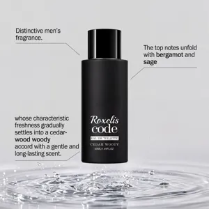 Λεπτομερής προβολή του Roxelis Code Cedar Woody eau de toilette για άνδρες με νότες αρώματος