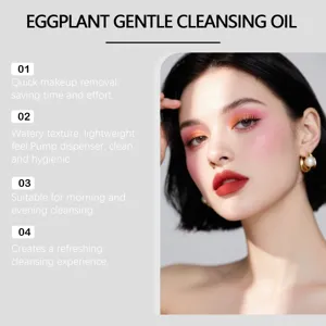 Close-up van professionele make-up op model voor Eggplant Gentle Cleansing Oil