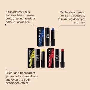 Dettagli degli stick per trucco viso in blu, giallo e rosso, applicazione scorrevole.