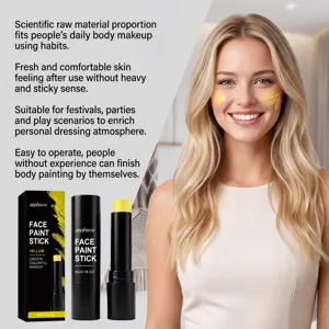 Stick trucco viso giallo vibrante che mostra l'applicazione sulla pelle e la confezione