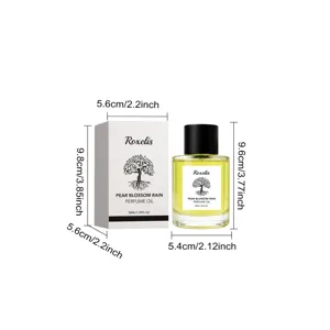 Dimensions of Pear Blossom Rain perfume oil bottle and packaging box in cm and inch.