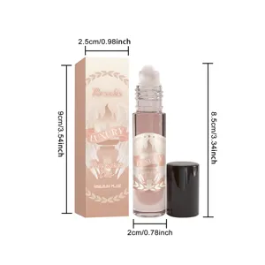 Détail de flacon de parfum à bille en verre portable montrant les dimensions et l'emballage.