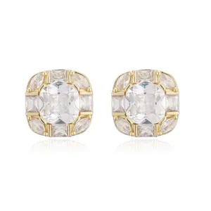 Detail view of 18K gold plated square stud earrings with shimmering clear zirconia.