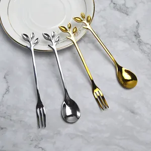 Creative leaf-shaped handle stainless steel forks and spoons in gold and silver finish