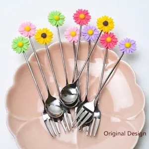 Fourchette à Fruits en Acier Inoxydable Marguerite Cuillère à Café Dessin Animé Tournesol Vaisselle pour Fête Maison