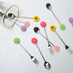 Lot de couverts en acier inoxydable avec fleurs colorées, fourchettes et cuillères