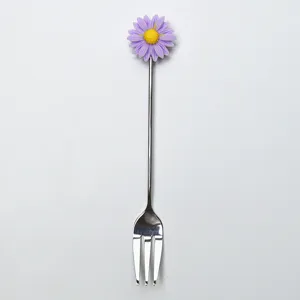 Fourchette à dessert en acier inoxydable avec décoration de marguerite violette et jaune