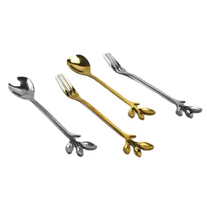 Creative leaf handle stainless steel cutlery set with gold and silver spoons and forks