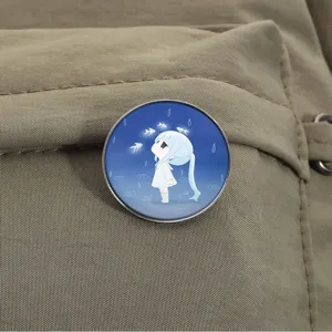 Round metal brooch featuring a beautiful anime girl with a ponytail in a dreamy rain