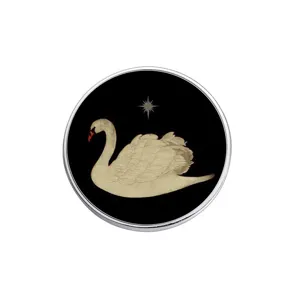 Eleganter runder Vintage-Metall-Ansteckpin mit Schwan und Stern auf schwarzem Grund
