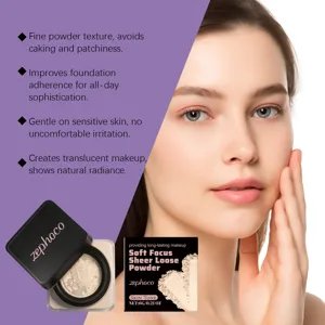 Λεπτομέρεια πούδρας zephoco soft focus που δείχνει την υφή και το εφέ στο μοντέλο
