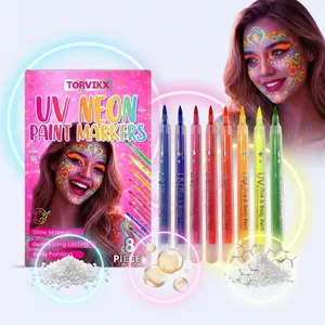 Dettaglio di 8 pennarelli neon UV per viso e corpo con effetto trucco fluorescente.