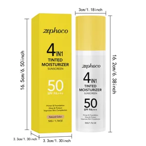 Vista dettagliata della crema solare idratante colorata Zephoco 4-in-1 con dimensioni prodotto