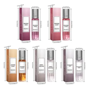 Set de aceite de perfume roll-on portátil con 5 fragancias, tamaño de viaje 10ml para uso diario.