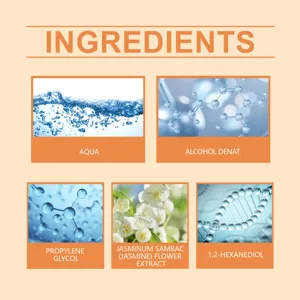 Infografía detallada de ingredientes cosméticos con agua, alcohol y extracto de jazmín.