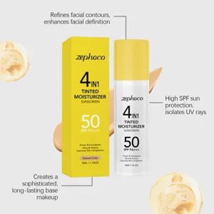 Dettaglio di zephoco crema solare colorata 4-in-1 SPF 50 con consistenza e benefici.