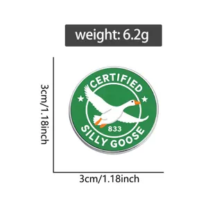 Detailed view of circular Silly Goose enamel pin with 3cm diameter and 6.2g weight