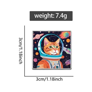 High-quality detailed view of an astronaut cat metal pin including dimensions and weight