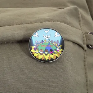 World Peace metal lapel pin with cute cats and dove illustration for backpacks