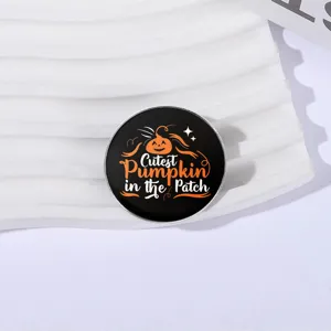 Stylish round Halloween metal brooch badge featuring 'Cutest Pumpkin in the Patch' print
