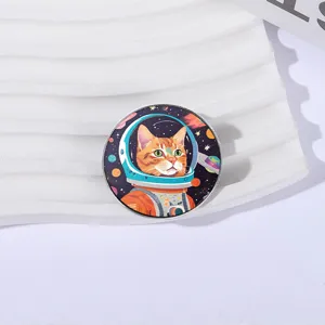 Cute orange cat astronaut space enamel pin round metal badge accessory for clothing