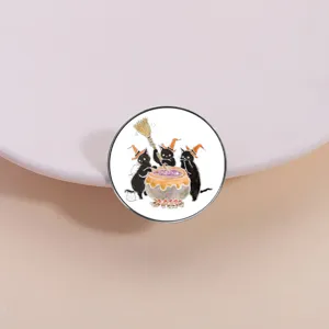 Halloween Enamel Pin Cute Black Cat Witch Hat Cauldron Round Square Zinc Alloy Brooch Lapel Pin For Backpack Clothing Decor