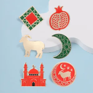 Detailed close-up of retro Arabic geometric and animal enamel lapel pins, showing exquisite alloy craft.