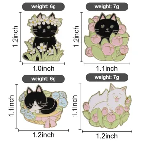 Detailed size and weight specs for cartoon cat enamel pins with tulips and daisies