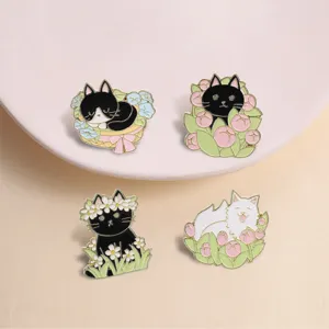 Spring Floral Cat Brooch Tulip Daisy Fresh Cartoon Enamel Badge Literary Clothing Bag Decorative Zinc Alloy Accessory Pin