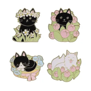 Spring cat enamel pin set featuring tulips and daisies in black and white cartoon style