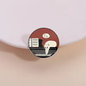 White Cat On Piano Metal Brooch Music Note Enamel Pin Zinc Alloy Round Square Badge For Clothing Backpack Women Men Jewelry