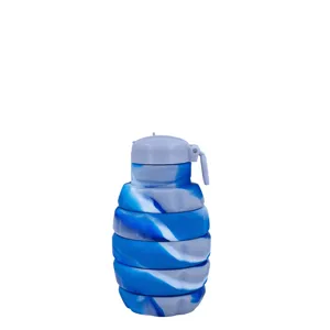 Detailed view of blue camouflage grenade shaped foldable silicone sports water bottle