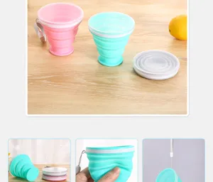 Detailed view of collapsible silicone travel cups showing folding mechanism and flexibility