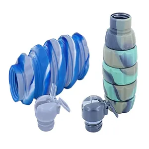 Close-up view of camouflage grenade-shaped collapsible silicone sports water bottles
