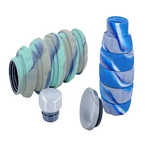Grenade-shaped collapsible silicone water bottle with blue and green camo patterns