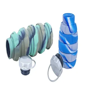 Two 500ml collapsible silicone camouflage grenade water bottles in green and blue colors