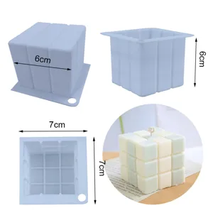 Detail view of 3D silicone cube mold, showing accurate 6cm and 7cm dimensions for candle making.