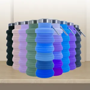 Collapsible Silicone Sports Water Bottle With Stainless Steel Lid Carabiner Leakproof Foldable Portable Outdoor Travel Mug