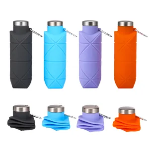 Collapsible 500ml silicone sports water bottles in 4 colors, showing expanded and folded views