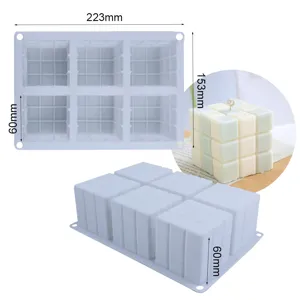 Detailed view of 6-cavity square silicone mold with clear dimensions for 3D candle making.
