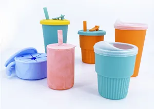 Assorted colorful silicone toddler training cups with straws and sippy lid styles