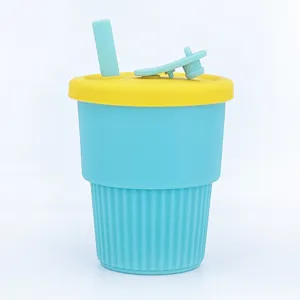 Portable blue silicone baby straw cup with yellow lid and anti-dust straw plug for toddler