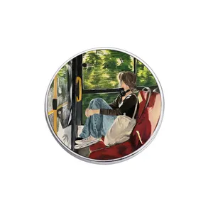 Detailed artistic painting illustration of a traveler on a round metal badge pin accessory