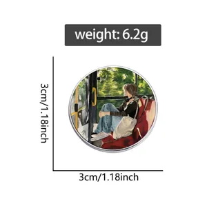 Macro view of circular metal badge showing a girl on a bus artistic illustration