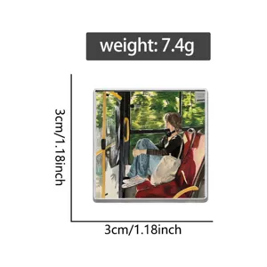 Square metal brooch with artistic painting of a girl on a bus, 3cm size detail view